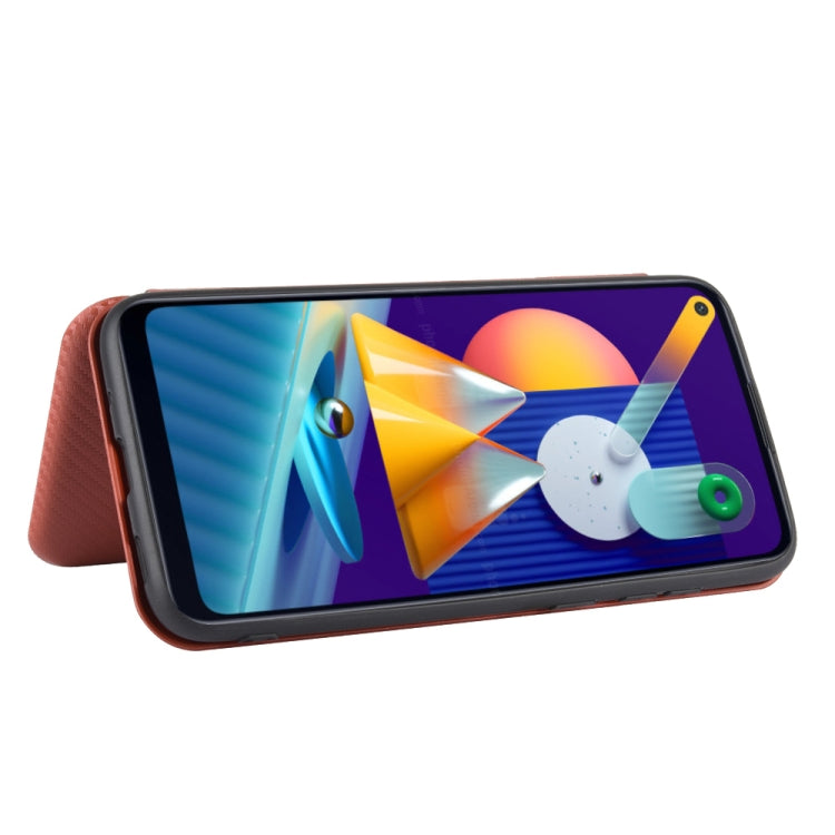 For Samsung Galaxy M11 Carbon Fiber Texture Horizontal Flip TPU + PC + PU Leather Case with Rope & Card Slot