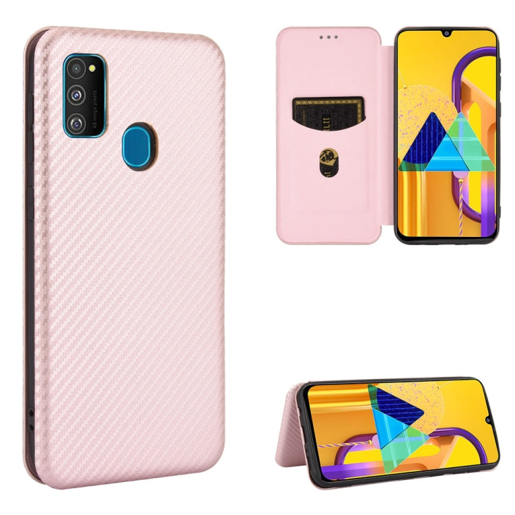 For Samsung Galaxy M30s / M21 Carbon Fiber Texture Horizontal Flip TPU + PC + PU Leather Case with Rope & Card Slot