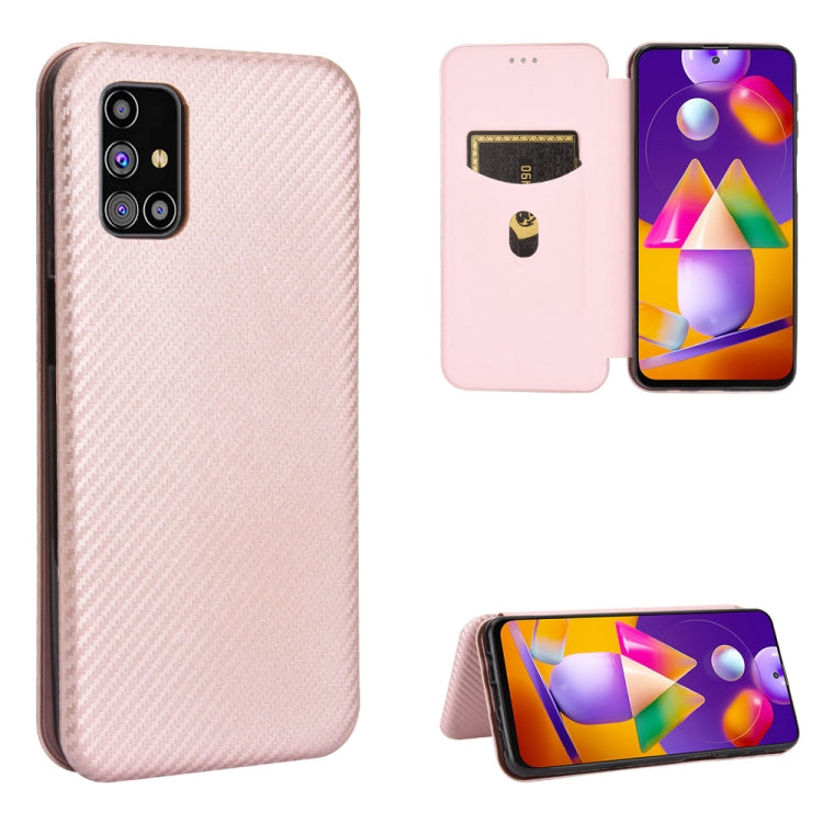 For Samsung Galaxy M31s Carbon Fiber Texture Horizontal Flip TPU + PC + PU Leather Case with Rope & Card Slot