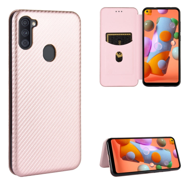 For Samsung Galaxy A11(EU Version) Carbon Fiber Texture Horizontal Flip TPU + PC + PU Leather Case with Rope & Card Slot