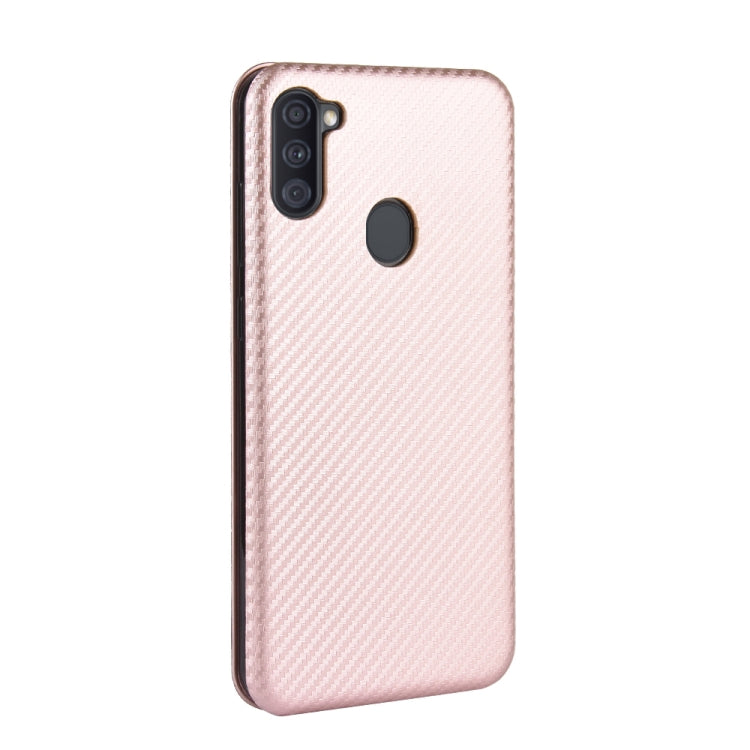 For Samsung Galaxy A11(EU Version) Carbon Fiber Texture Horizontal Flip TPU + PC + PU Leather Case with Rope & Card Slot