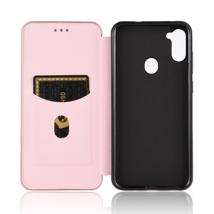 For Samsung Galaxy A11(EU Version) Carbon Fiber Texture Horizontal Flip TPU + PC + PU Leather Case with Rope & Card Slot