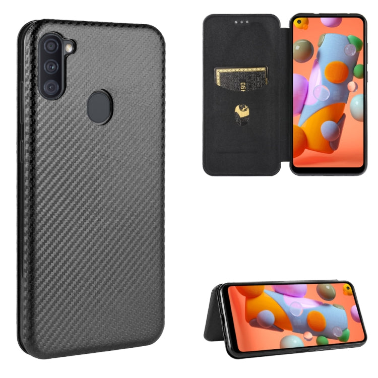 For Samsung Galaxy A11(EU Version) Carbon Fiber Texture Horizontal Flip TPU + PC + PU Leather Case with Rope & Card Slot