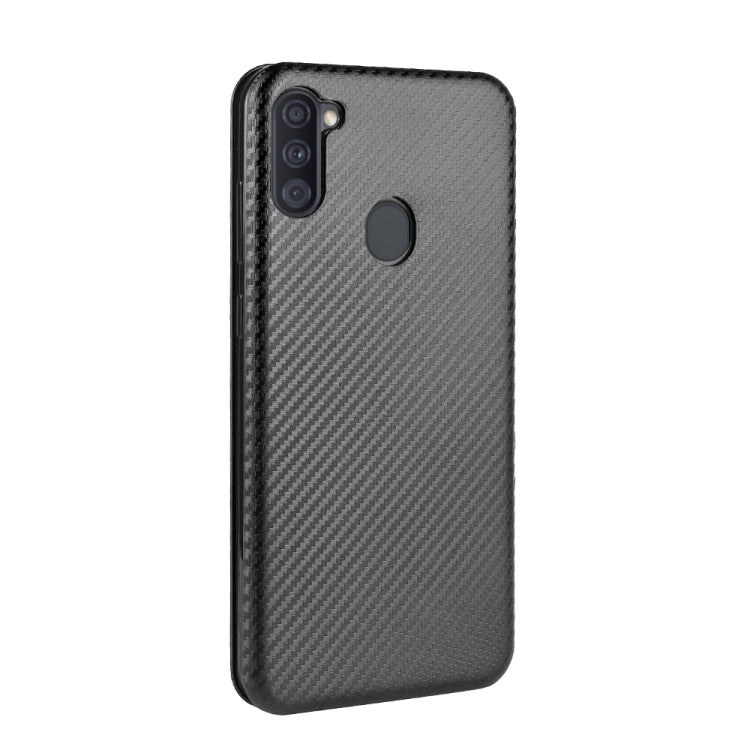 For Samsung Galaxy A11(EU Version) Carbon Fiber Texture Horizontal Flip TPU + PC + PU Leather Case with Rope & Card Slot