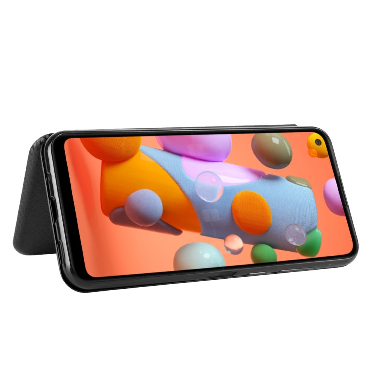 For Samsung Galaxy A11(EU Version) Carbon Fiber Texture Horizontal Flip TPU + PC + PU Leather Case with Rope & Card Slot