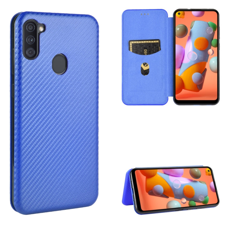 For Samsung Galaxy A11(EU Version) Carbon Fiber Texture Horizontal Flip TPU + PC + PU Leather Case with Rope & Card Slot