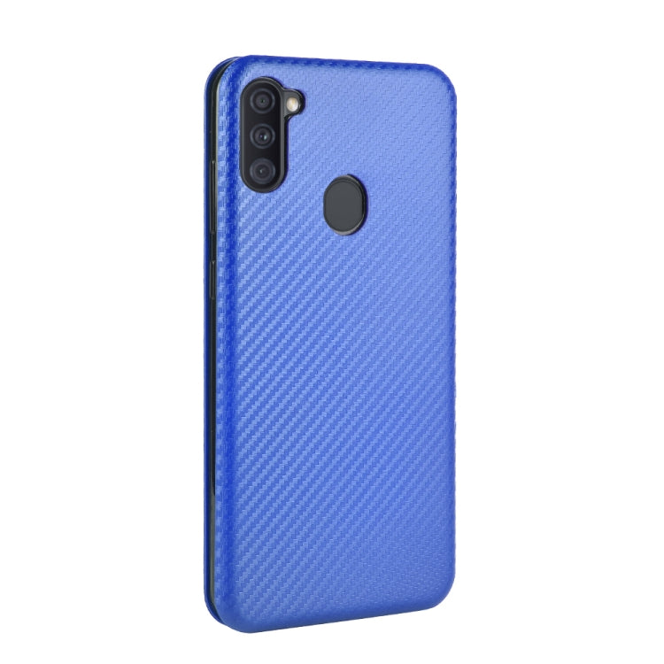 For Samsung Galaxy A11(EU Version) Carbon Fiber Texture Horizontal Flip TPU + PC + PU Leather Case with Rope & Card Slot