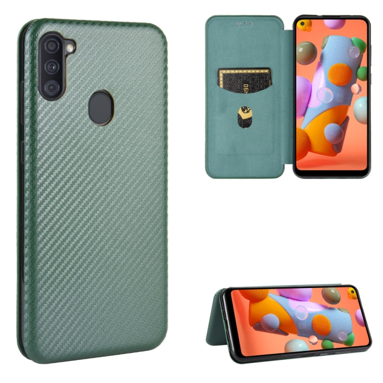 For Samsung Galaxy A11(EU Version) Carbon Fiber Texture Horizontal Flip TPU + PC + PU Leather Case with Rope & Card Slot