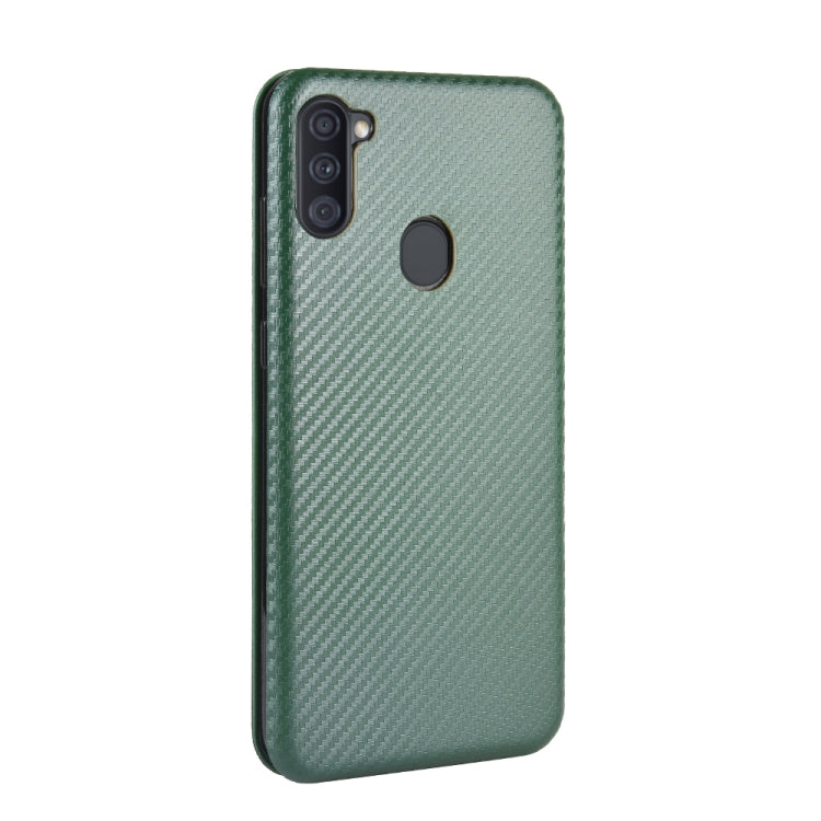For Samsung Galaxy A11(EU Version) Carbon Fiber Texture Horizontal Flip TPU + PC + PU Leather Case with Rope & Card Slot