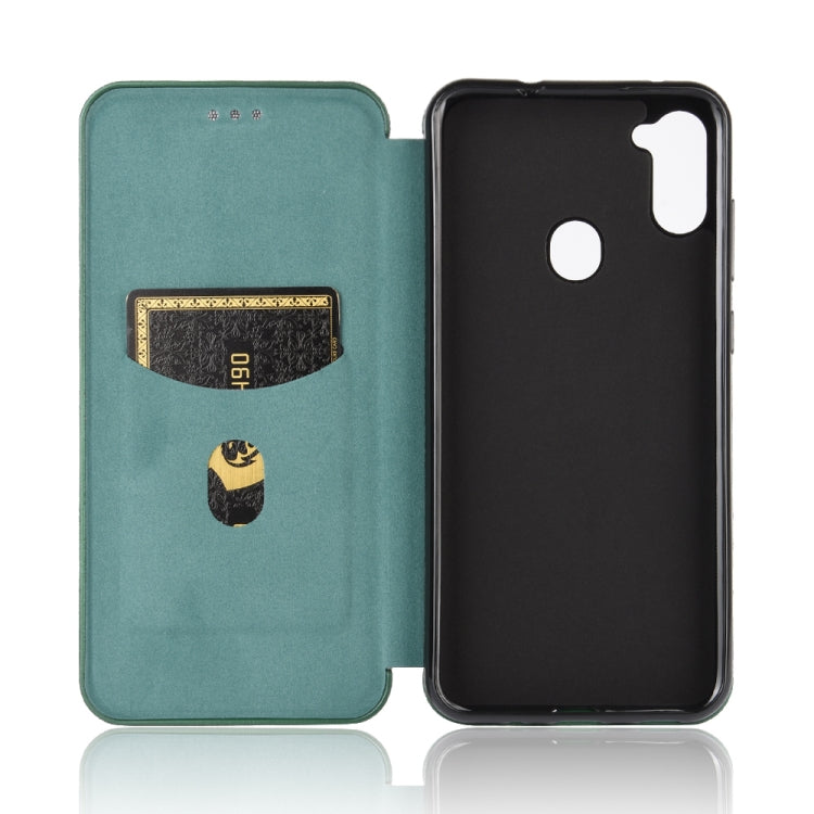 For Samsung Galaxy A11(EU Version) Carbon Fiber Texture Horizontal Flip TPU + PC + PU Leather Case with Rope & Card Slot