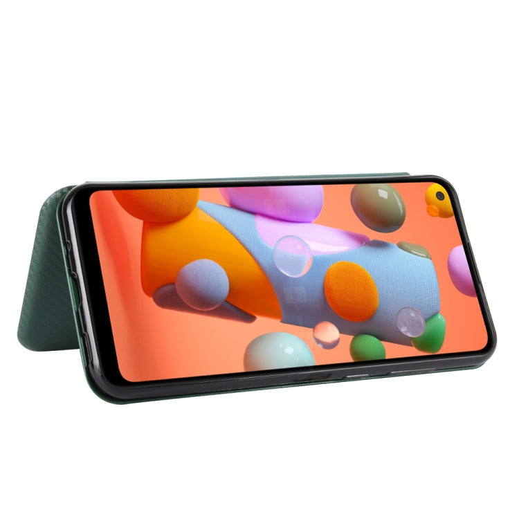 For Samsung Galaxy A11(EU Version) Carbon Fiber Texture Horizontal Flip TPU + PC + PU Leather Case with Rope & Card Slot