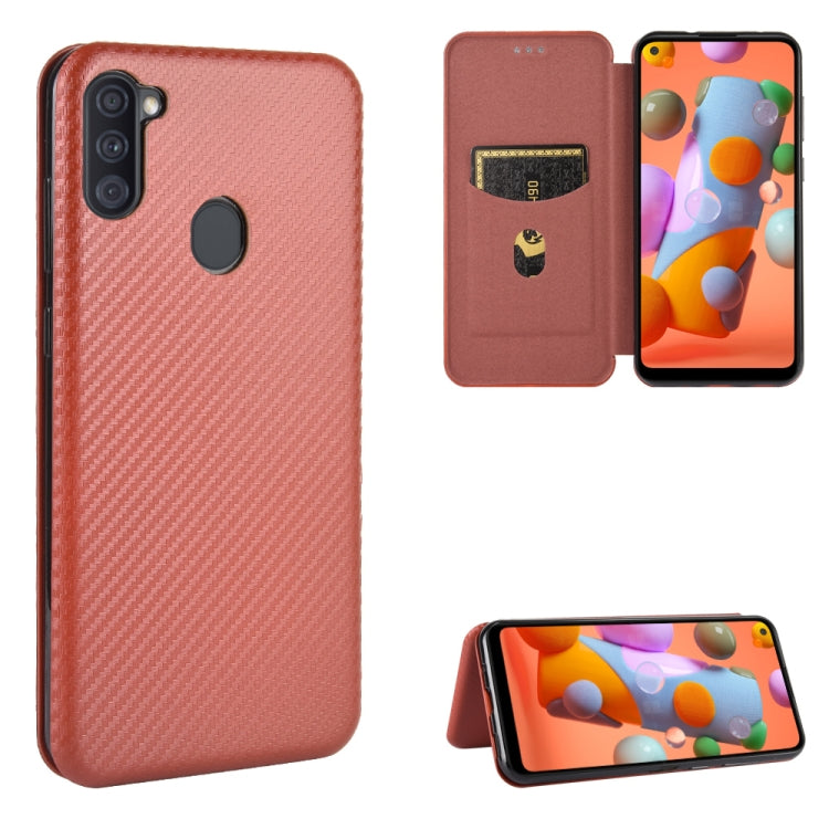 For Samsung Galaxy A11(EU Version) Carbon Fiber Texture Horizontal Flip TPU + PC + PU Leather Case with Rope & Card Slot