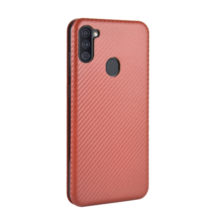 For Samsung Galaxy A11(EU Version) Carbon Fiber Texture Horizontal Flip TPU + PC + PU Leather Case with Rope & Card Slot