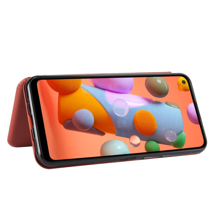 For Samsung Galaxy A11(EU Version) Carbon Fiber Texture Horizontal Flip TPU + PC + PU Leather Case with Rope & Card Slot