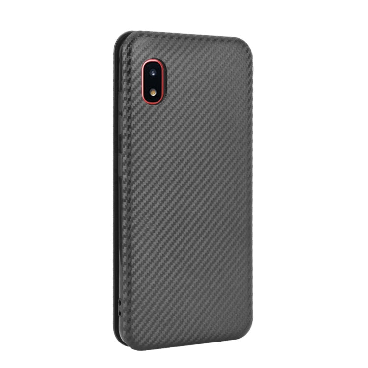 For Samsung Galaxy A20 (SC-02M) SCV46 Carbon Fiber Texture Horizontal Flip TPU + PC + PU Leather Case with Rope & Card Slot