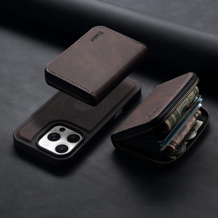 For iPhone 16 Pro Max Denior D26 Skin Feel MagSafe Zipper Bag Leather Phone Case