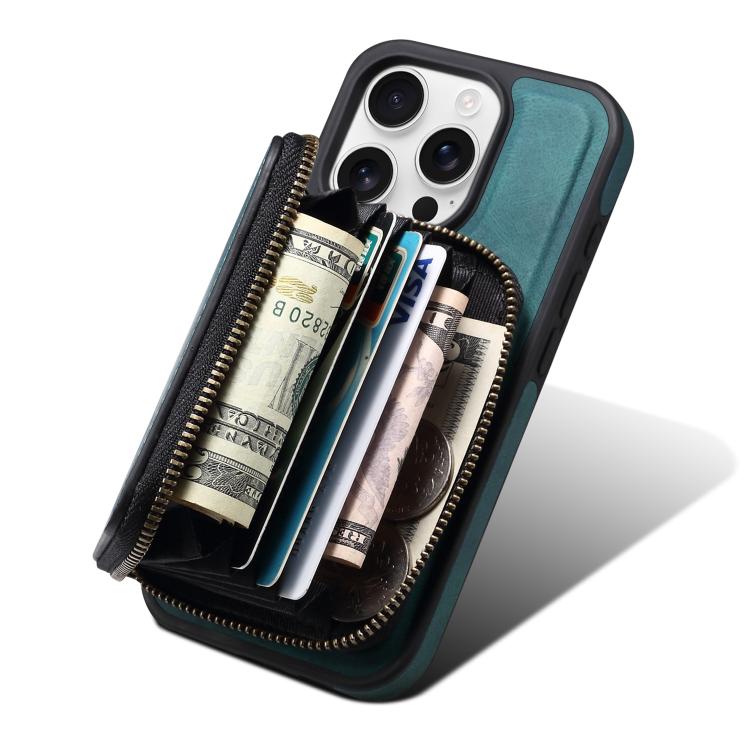 For iPhone 15 Denior D26 Skin Feel MagSafe Zipper Bag Leather Phone Case
