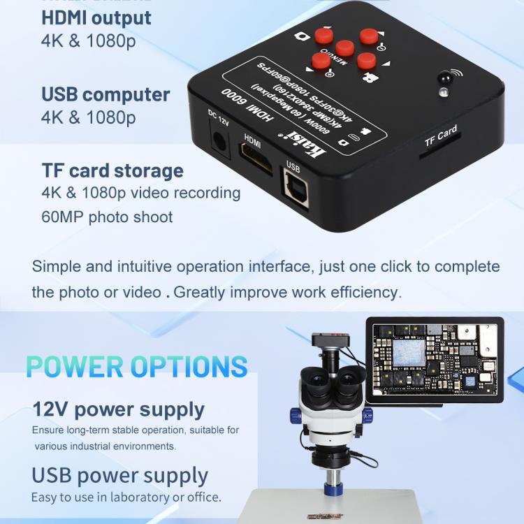 Kaisi HDMI 6000 HDMI / USB Dual Interface 60MP 4K Ultra HD Microscope Industrial Camera, Plug:US Plug