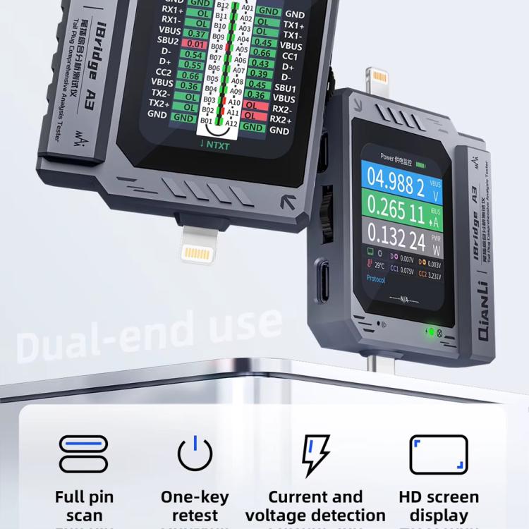 Qianli iBridge A3 Tail Plug Comprehensive Analysis Tester for Lightning & Type-C Interface Devices