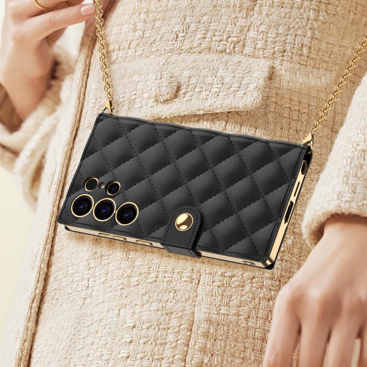 For Samsung Galaxy S24 Ultra 5G GKK Plating Diamond Texture Leather Phone Case With Crossbody Chain