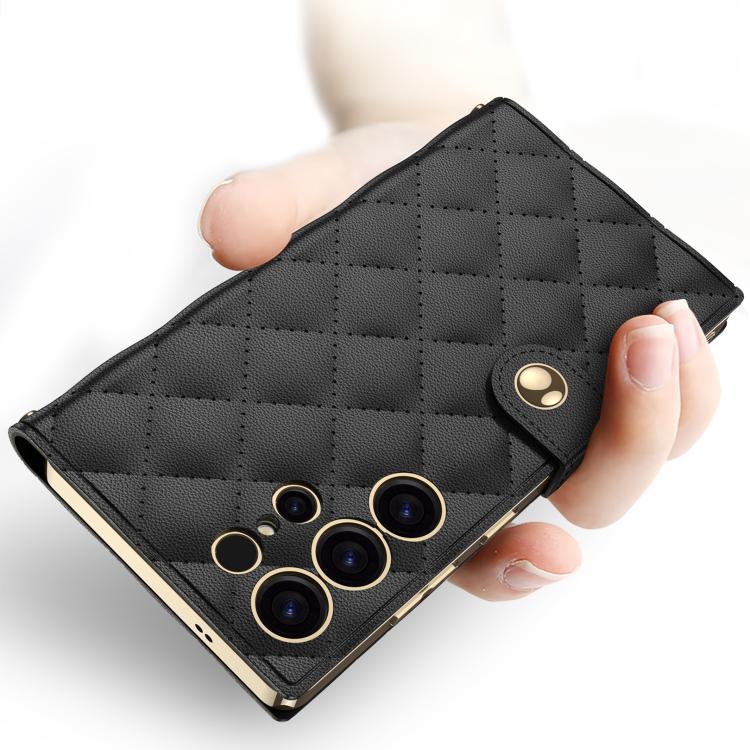 For Samsung Galaxy S23 Ultra 5G GKK Plating Diamond Texture Leather Phone Case With Crossbody Chain
