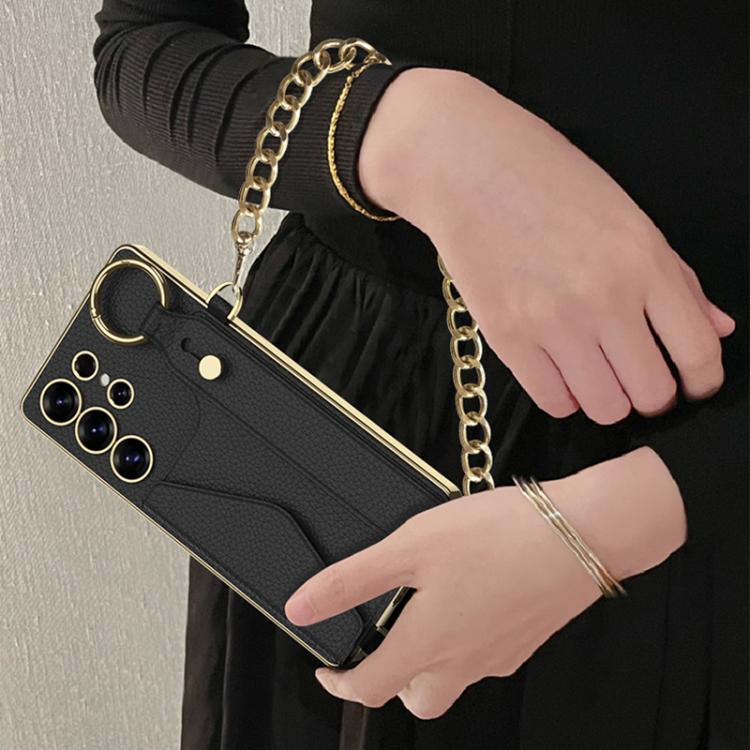 For Samsung Galaxy S25 Ultra 5G GKK Plating Leather Card Holder Full Coverage Phone Case With Bracelet