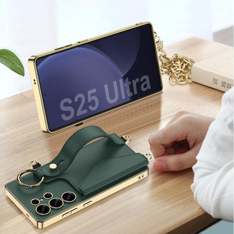 For Samsung Galaxy S25 Ultra 5G GKK Plating Leather Card Holder Full Coverage Phone Case With Bracelet