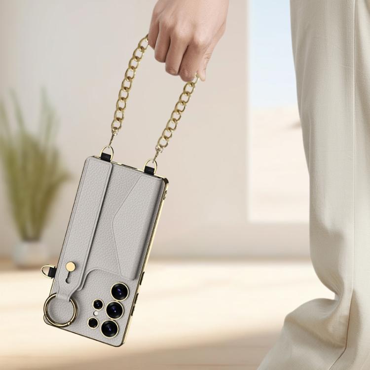 For Samsung Galaxy S25 Ultra 5G GKK Plating Leather Card Holder Full Coverage Phone Case With Bracelet