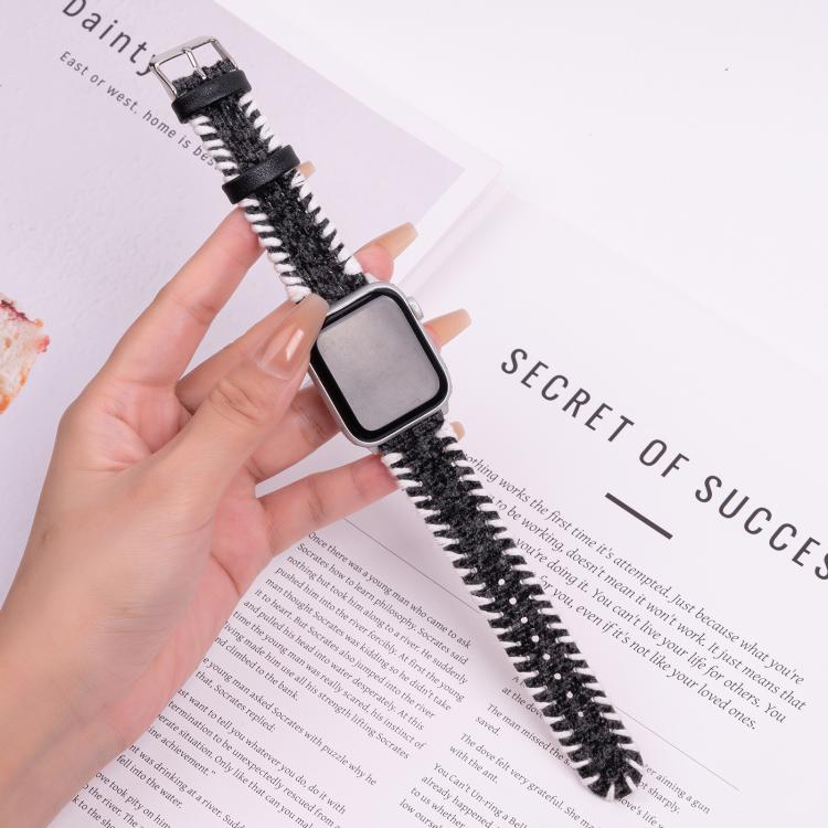 For Apple Watch 46mm / 49mm / 45mm / 44mm Retro Stitched Wool Genuine Leather Watch Band