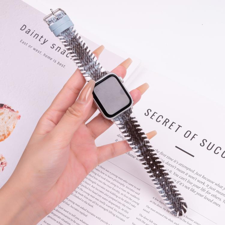 For Apple Watch 46mm / 49mm / 45mm / 44mm Retro Stitched Wool Genuine Leather Watch Band