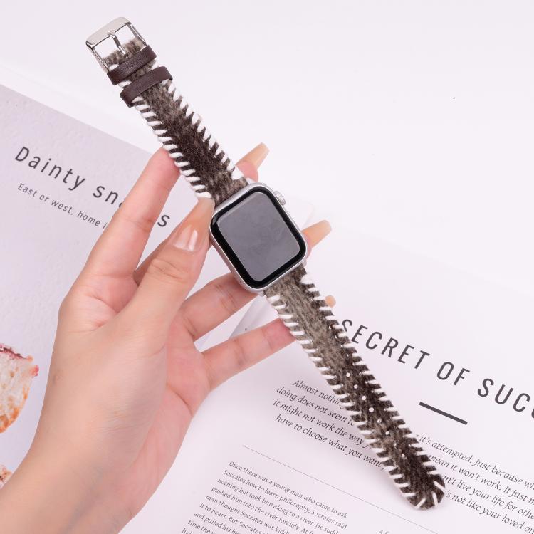 For Apple Watch 46mm / 49mm / 45mm / 44mm Retro Stitched Wool Genuine Leather Watch Band