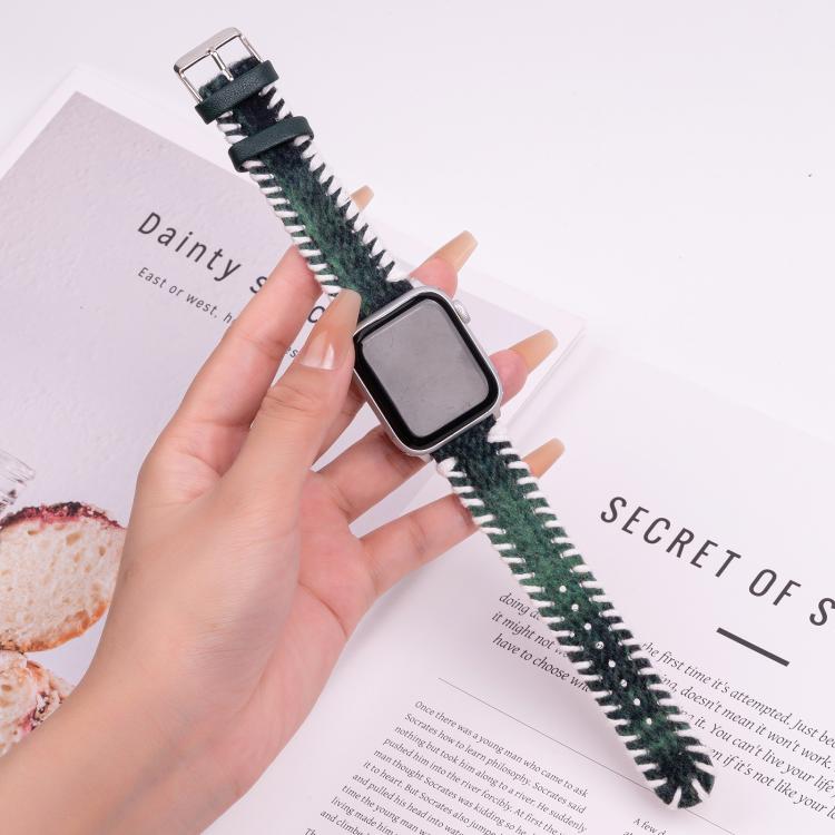 For Apple Watch 46mm / 49mm / 45mm / 44mm Retro Stitched Wool Genuine Leather Watch Band