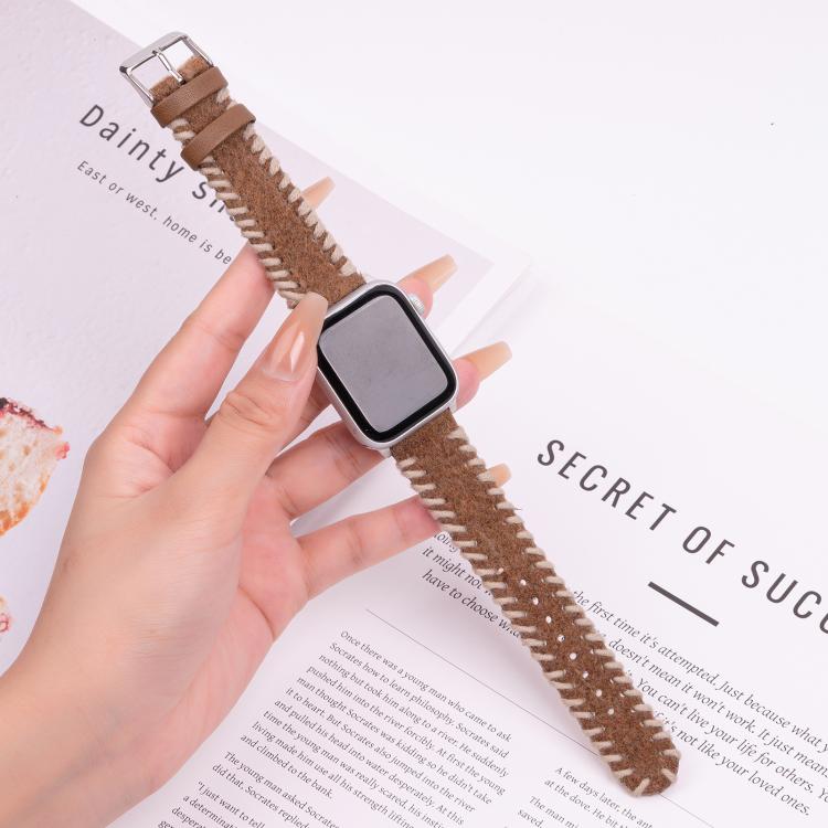For Apple Watch 46mm / 49mm / 45mm / 44mm Retro Stitched Wool Genuine Leather Watch Band