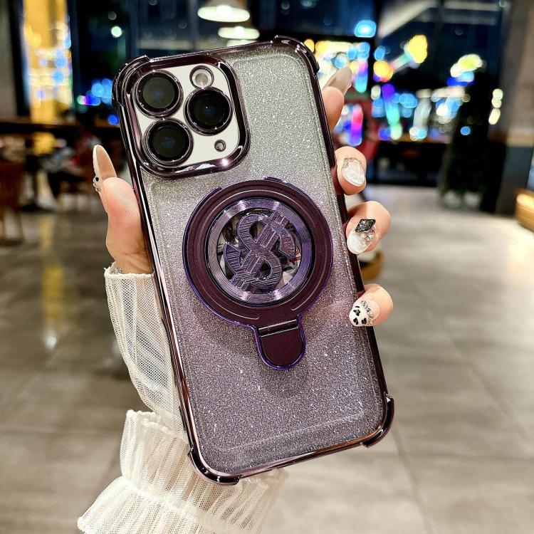 For iPhone 11 Pro Space Gradient Glitter MagSafe Holder Phone Case with Lens Film