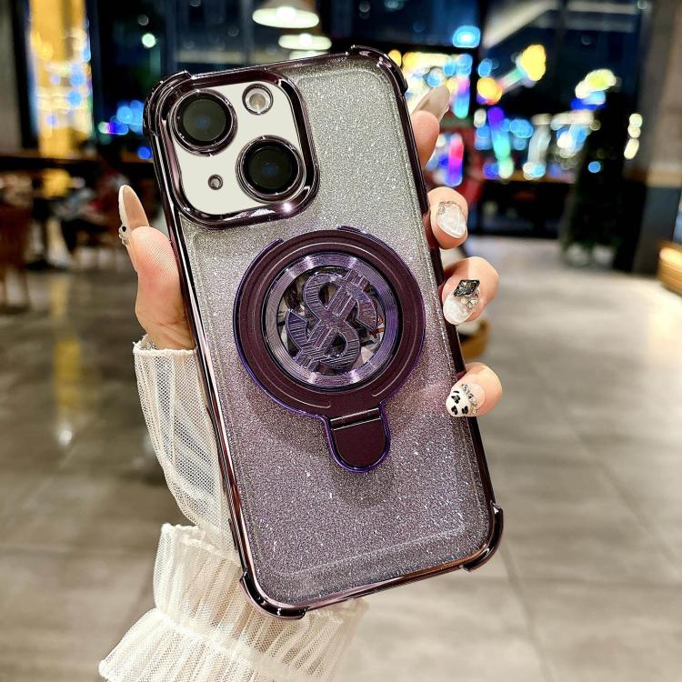 For iPhone 14 Space Gradient Glitter MagSafe Holder Phone Case with Lens Film