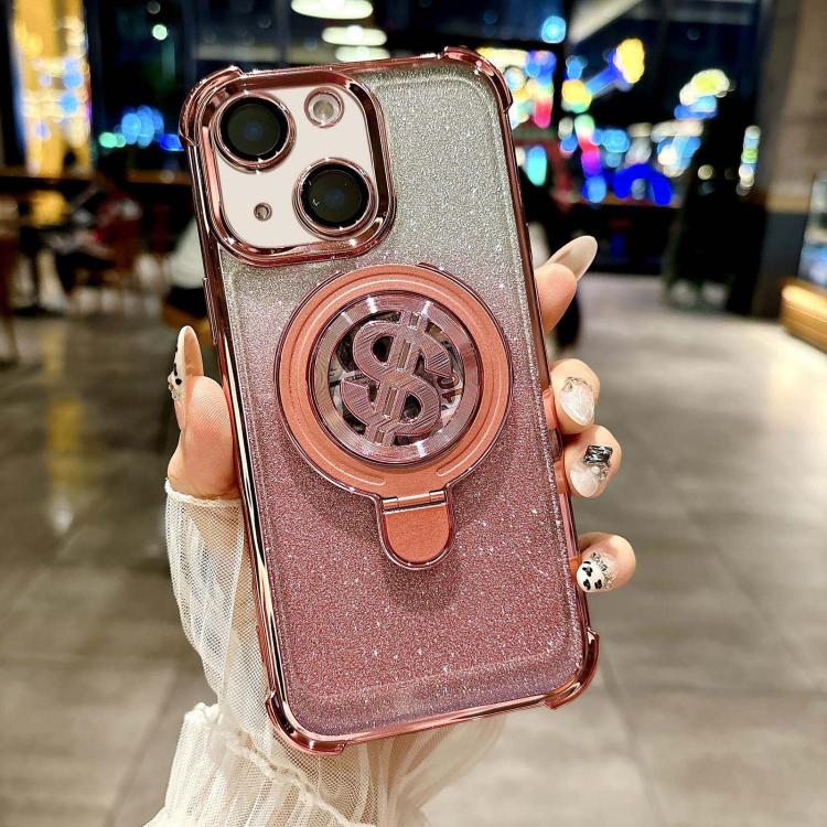 For iPhone 14 Plus Space Gradient Glitter MagSafe Holder Phone Case with Lens Film