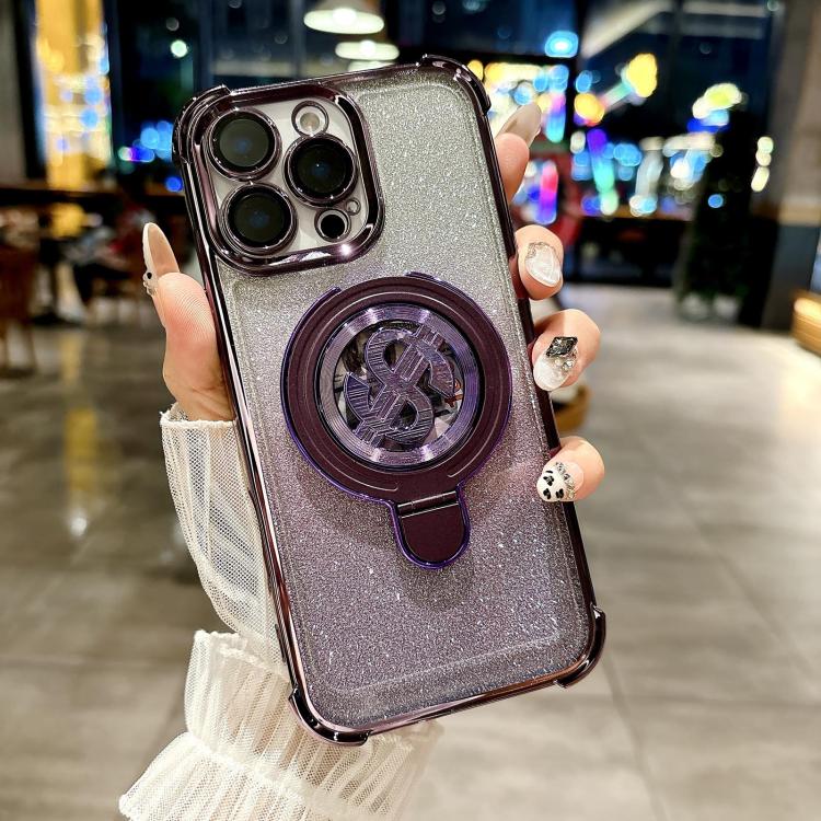 For iPhone 14 Pro Max Space Gradient Glitter MagSafe Holder Phone Case with Lens Film