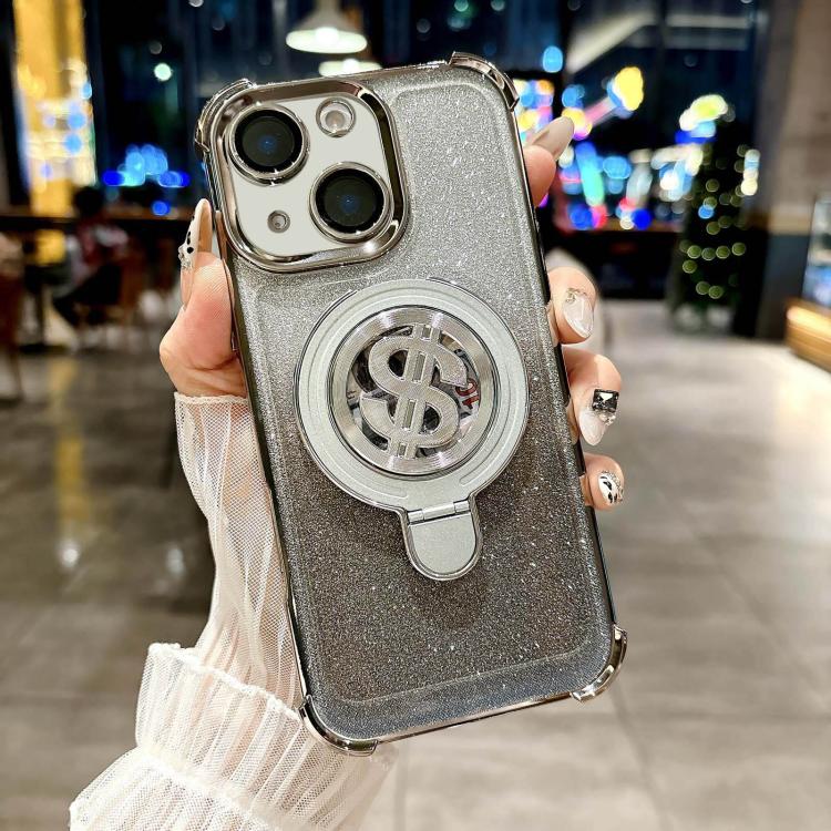 For iPhone 15 Plus Space Gradient Glitter MagSafe Holder Phone Case with Lens Film