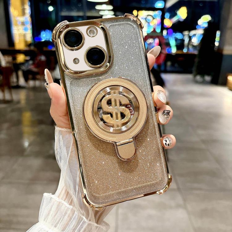 For iPhone 15 Plus Space Gradient Glitter MagSafe Holder Phone Case with Lens Film