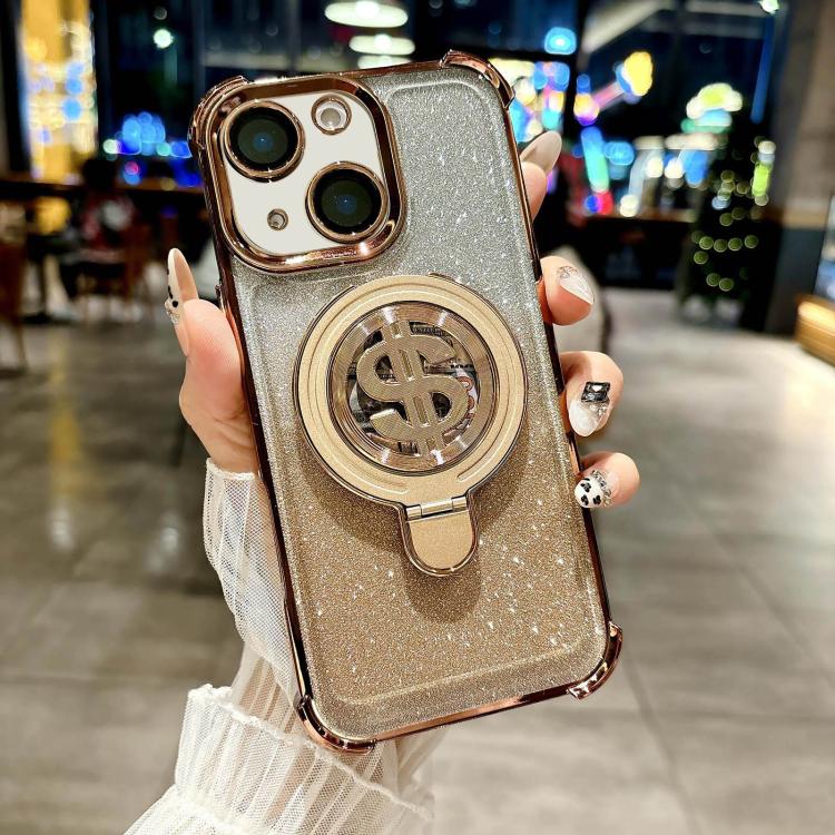 For iPhone 15 Plus Space Gradient Glitter MagSafe Holder Phone Case with Lens Film