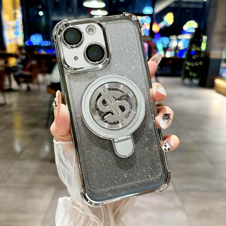 For iPhone 15 Plus Space Gradient Glitter MagSafe Holder Phone Case with Lens Film