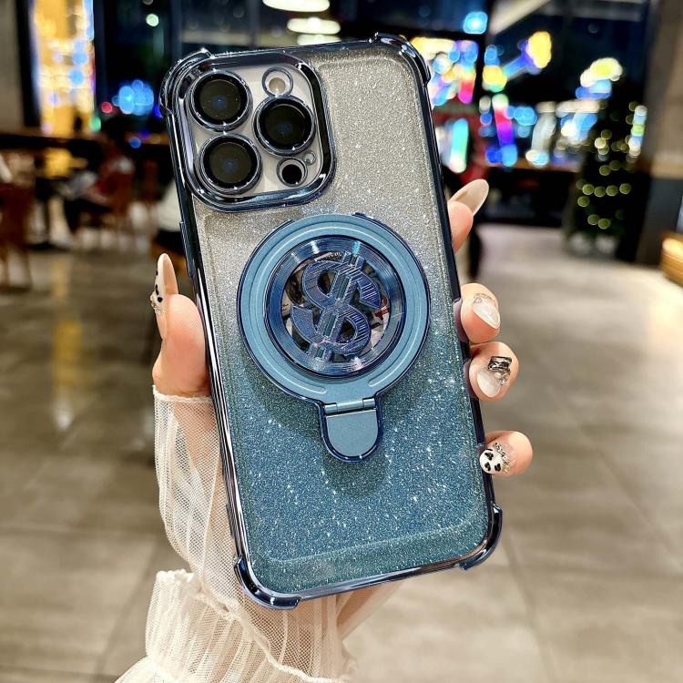 For iPhone 15 Pro Space Gradient Glitter MagSafe Holder Phone Case with Lens Film