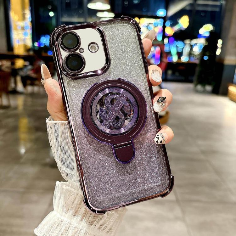 For iPhone 16 Plus Space Gradient Glitter MagSafe Holder Phone Case with Lens Film