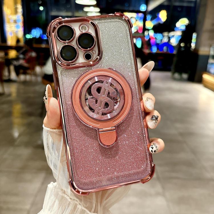 For iPhone 16 Pro Space Gradient Glitter MagSafe Holder Phone Case with Lens Film