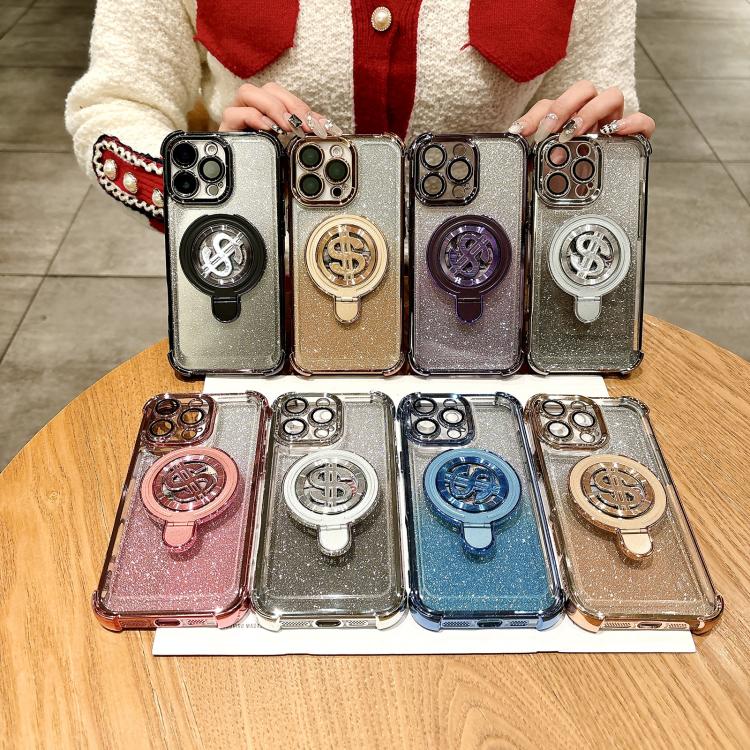 For iPhone 15 Plus Space Gradient Glitter MagSafe Holder Phone Case with Lens Film