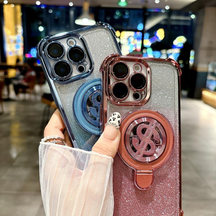 For iPhone 15 Plus Space Gradient Glitter MagSafe Holder Phone Case with Lens Film