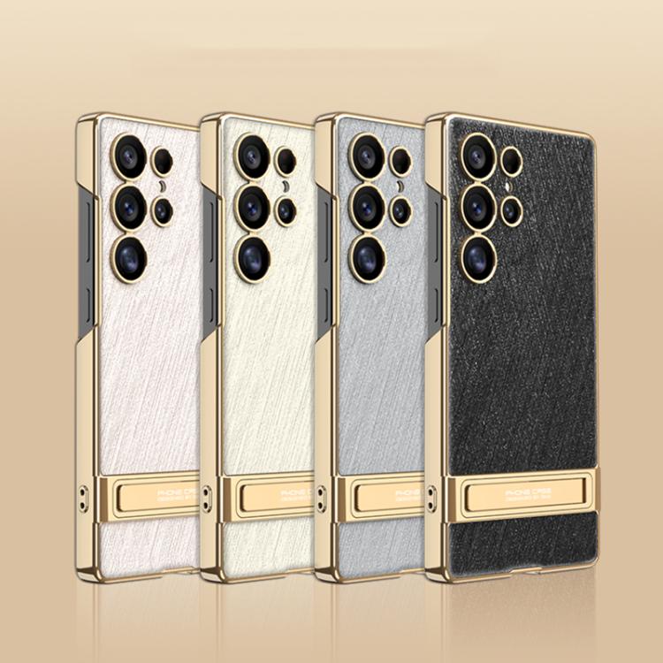 For Samsung Galaxy S25 Ultra 5G GKK Triumph Ultra-Thin Plain Leather Silver Brocade Phone Case with Holder