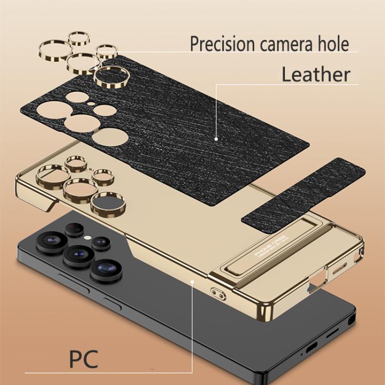 For Samsung Galaxy S25 Ultra 5G GKK Triumph Ultra-Thin Plain Leather Silver Brocade Phone Case with Holder