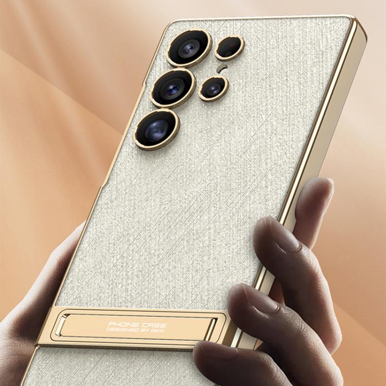 For Samsung Galaxy S24 Ultra 5G GKK Triumph Ultra-Thin Plain Leather Silver Brocade Phone Case with Holder