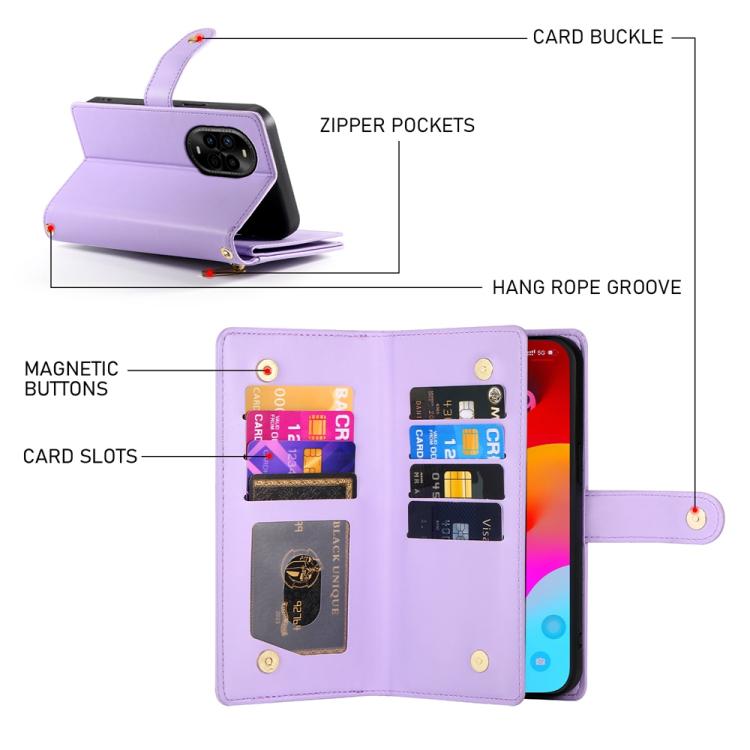 For Huawei nova 13 Pro Nine Card-slot Zipper Wallet Bag Leather Phone Case